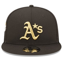 Load image into Gallery viewer, Oakland Athletics New Era MLB 9FIFTY 950 Mesh Trucker Snapback Cap Hat Black Crown/Visor Metallic Gold Logo with Star 2022 All-Star Game Side Patch (2022 All-Star Game On-Field)