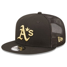 Load image into Gallery viewer, Oakland Athletics New Era MLB 9FIFTY 950 Mesh Trucker Snapback Cap Hat Black Crown/Visor Metallic Gold Logo with Star 2022 All-Star Game Side Patch (2022 All-Star Game On-Field)
