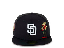 Load image into Gallery viewer, San Diego Padres New Era MLB 59FIFTY 5950 Fitted Cap Hat Black Crown/Visor White Logo With Metallic Gold/Red Palm Trees Heart Back Logo 40th Anniversary Side Patch Red UV