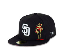 Load image into Gallery viewer, San Diego Padres New Era MLB 59FIFTY 5950 Fitted Cap Hat Black Crown/Visor White Logo With Metallic Gold/Red Palm Trees Heart Back Logo 40th Anniversary Side Patch Red UV