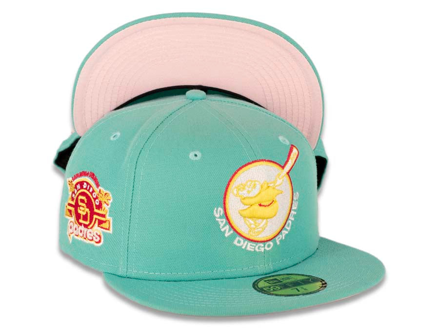 (City Connect Color) San Diego Padres New Era MLB 59FIFTY 5950 Fitted Cap Hat Light Green Crown/Visor Yellow/White Swinging Friar Logo Stadium Side