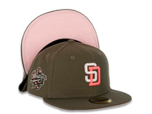 Load image into Gallery viewer, San Diego Padres New Era MLB 59FIFTY 5950 Fitted Cap Hat Olive Crown/Visor White/Pink Logo 1998 World Series Side Patch Pink UV
