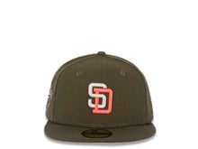 Load image into Gallery viewer, San Diego Padres New Era MLB 59FIFTY 5950 Fitted Cap Hat Olive Crown/Visor White/Pink Logo 1998 World Series Side Patch Pink UV