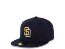 Load image into Gallery viewer, San Diego Padres New Era MLB 59FIFTY 5950 Fitted Cap Hat Navy Crown/Visor Yellow/Sky Blue Logo 2016 All-Star Game Side Patch Sky Blue UV