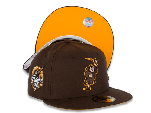 San Diego Padres New Era MLB 59FIFTY 5950 Fitted Cap Hat Brown Crown/Visor Brown/Yellow Catching Friar Logo 40th Anniversary Side Patch Yellow UV