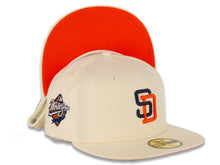Load image into Gallery viewer, San Diego Padres New Era MLB 59FIFTY 5950 Fitted Cap Hat Chrome White Crown/Visor Navy/Orange Logo 1998 World Series Side Patch Orange UV
