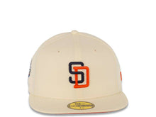 Load image into Gallery viewer, San Diego Padres New Era MLB 59FIFTY 5950 Fitted Cap Hat Chrome White Crown/Visor Navy/Orange Logo 1998 World Series Side Patch Orange UV