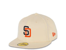 Load image into Gallery viewer, San Diego Padres New Era MLB 59FIFTY 5950 Fitted Cap Hat Chrome White Crown/Visor Navy/Orange Logo 1998 World Series Side Patch Orange UV