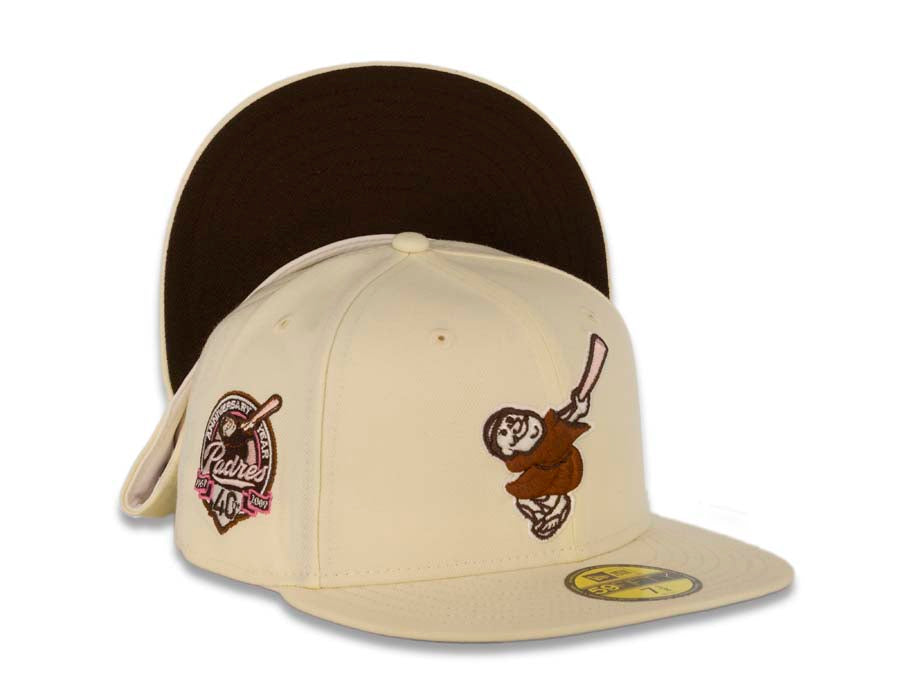 San Diego Padres New Era MLB 59FIFTY 5950 Fitted Cap Hat Cream Crown/Visor Brown/Pink Swinging Friar Logo 40th Anniversary Side Patch Brown UV 7 1/4