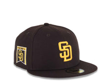 Load image into Gallery viewer, San Diego Padres New Era MLB 59FIFTY 5950 Fitted Cap Hat Dark Brown Crown/Visor Yellow Logo Established 1969 Banner Side Patch