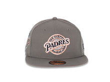 Load image into Gallery viewer, San Diego Padres New Era MLB 59FIFTY 5950 Fitted Cap Hat Dark Gray Crown/Visor Navy/Peach/White Baseball Club Cooperstown Retro Logo 1992 All-Star Game Side Patch Peach UV
