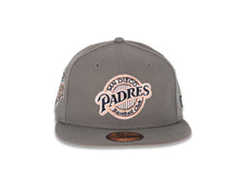 Load image into Gallery viewer, San Diego Padres New Era MLB 59FIFTY 5950 Fitted Cap Hat Dark Gray Crown/Visor Navy/Peach/White Baseball Club Cooperstown Retro Logo 1992 All-Star Game Side Patch Peach UV