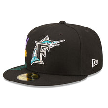 Load image into Gallery viewer, Florida Marlins New Era MLB 59FIFTY 5950 Fitted Cap Hat Black Crown/Visor Team Color Retro Logo (Blooming)