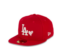 Load image into Gallery viewer, Los Angeles Dodgers New Era MLB 59FIFTY 5950 Fitted Cap Hat Red Crown/Visor White Logo with Heart 50h Anniversary Side Patch Pink UV