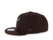 Load image into Gallery viewer, San Diego Padres New Era MLB 59FIFTY 5950 Fitted Cap Hat Dark Brown Crown/Visor Orange/Gold Swinging Friar Logo Established 1969 Padres Side Patch Orange UV