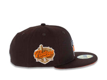 Load image into Gallery viewer, San Diego Padres New Era MLB 59FIFTY 5950 Fitted Cap Hat Dark Brown Crown/Visor Orange/Gold Swinging Friar Logo Established 1969 Padres Side Patch Orange UV