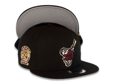 Load image into Gallery viewer, San Diego Padres New Era MLB 9FIFTY 950 Snapback Cap Hat Black Crown/Visor Maroon/Metallic Gold Swinging Friar Logo 25th Anniversary Side Patch Gray UV