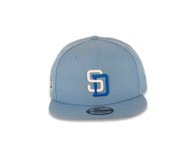 Load image into Gallery viewer, San Diego Padres New Era MLB 9FIFTY 950 Snapback Cap Hat Sky Blue Crown/Visor White/Dark Blue Logo 50th Anniversary Side Patch Dark Blue UV