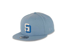 Load image into Gallery viewer, San Diego Padres New Era MLB 9FIFTY 950 Snapback Cap Hat Sky Blue Crown/Visor White/Dark Blue Logo 50th Anniversary Side Patch Dark Blue UV
