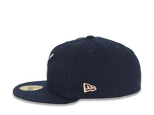 Load image into Gallery viewer, San Diego Padres New Era MLB 59FIFTY 5950 Fitted Cap Hat Navy Blue Crown/Visor Light Teal Swinging Friar Logo 1998 World Series Side Patch Orange UV