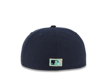 Load image into Gallery viewer, San Diego Padres New Era MLB 59FIFTY 5950 Fitted Cap Hat Navy Blue Crown/Visor Light Teal Swinging Friar Logo 1998 World Series Side Patch Orange UV