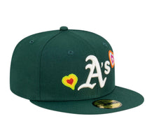 Load image into Gallery viewer, Oakland A's Athletics New Era MLB 59FIFTY 5950 Fitted Cap Hat Dark Green Crown/Visor Team Color Logo (Chain Stitch Heart)