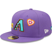 Load image into Gallery viewer, Arizona Diamondbacks New Era MLB 59FIFTY 5950 Fitted Cap Hat Purple Crown/Visor Team Color Cooperstown Logo Pink UV (Chain Stitch Heart)