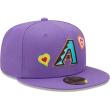 Load image into Gallery viewer, Arizona Diamondbacks New Era MLB 59FIFTY 5950 Fitted Cap Hat Purple Crown/Visor Team Color Cooperstown Logo Pink UV (Chain Stitch Heart)
