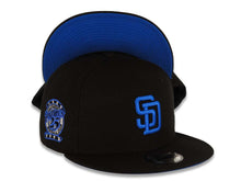 Load image into Gallery viewer, San Diego Padres New Era MLB 9FIFTY 950 Snapback Cap Hat Black Crown/Visor Royal Blue Logo 25th Anniversary Side Patch Royal Blue UV