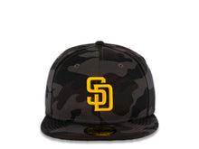Load image into Gallery viewer, San Diego Padres New Era MLB 59FIFTY 5950 Fitted Cap Hat Black Camo Crown/Visor Yellow Logo Dark Brown UV