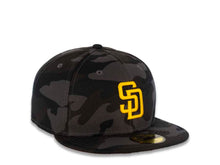 Load image into Gallery viewer, San Diego Padres New Era MLB 59FIFTY 5950 Fitted Cap Hat Black Camo Crown/Visor Yellow Logo Dark Brown UV