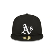 Load image into Gallery viewer, Oakland Athletics New Era MLB 59FIFTY 5950 Fitted Cap Hat Black Crown/Visor White Logo 1989 World Series Side Patch Gray UV
