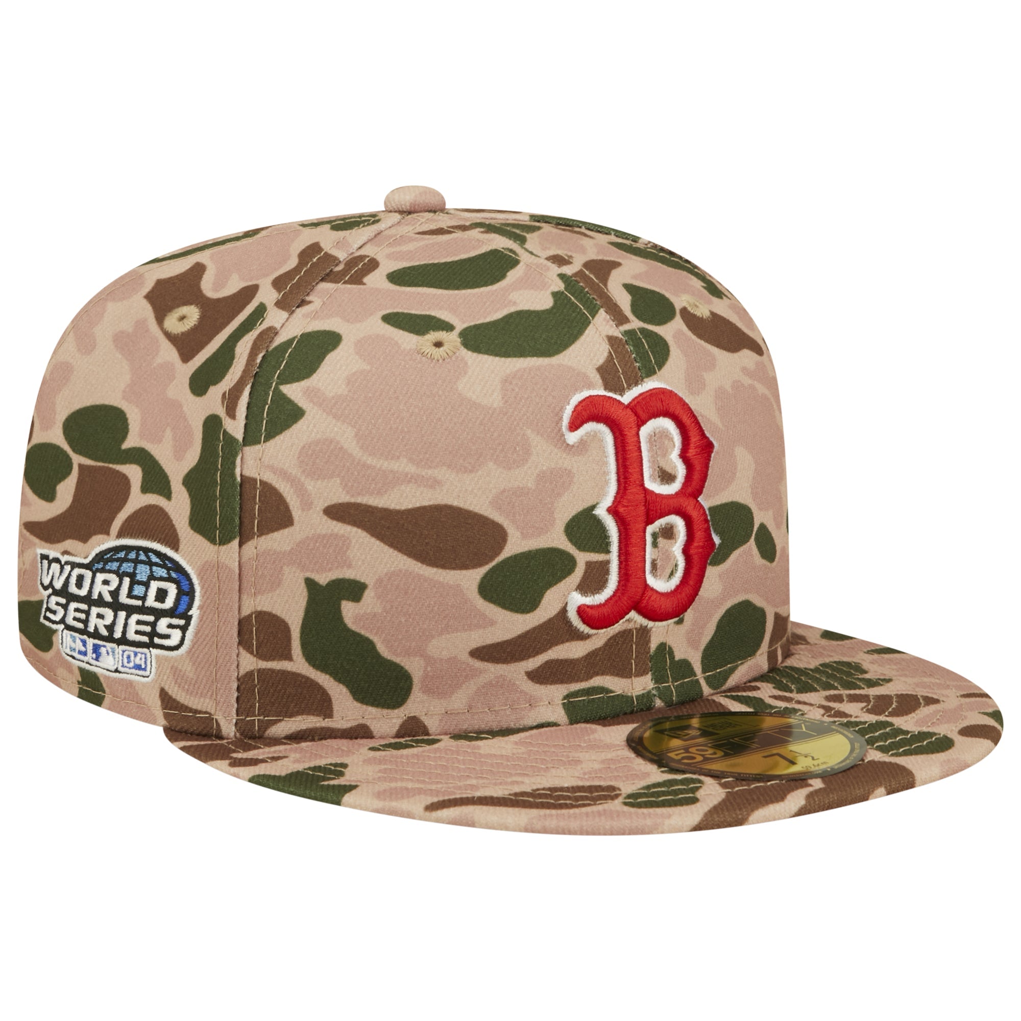 Boston Red Sox New Era MLB 59FIFTY 5950 Fitted Cap Hat Duck Camo Crown Visor Team Color Logo 2004 World Series Side Patch Orange UV