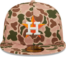 Load image into Gallery viewer, Houston Astros New Era MLB 59FIFTY 5950 Fitted Cap Hat Duck Camo Crown/Visor Team Color Logo 2017 World Series Side Patch Orange UV