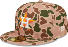 Load image into Gallery viewer, Houston Astros New Era MLB 59FIFTY 5950 Fitted Cap Hat Duck Camo Crown/Visor Team Color Logo 2017 World Series Side Patch Orange UV