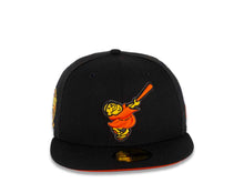 Load image into Gallery viewer, San Diego Padres New Era MLB 59FIFTY 5950 Fitted Cap Hat Black Crown/Visor Orange/Yellow Swinging Friar Logo 25th Anniversary Side Patch Orange UV