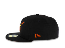 Load image into Gallery viewer, San Diego Padres New Era MLB 59FIFTY 5950 Fitted Cap Hat Black Crown/Visor Orange/Yellow Swinging Friar Logo 25th Anniversary Side Patch Orange UV