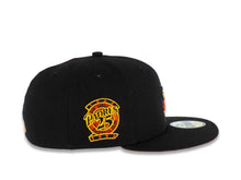 Load image into Gallery viewer, San Diego Padres New Era MLB 59FIFTY 5950 Fitted Cap Hat Black Crown/Visor Orange/Yellow Swinging Friar Logo 25th Anniversary Side Patch Orange UV