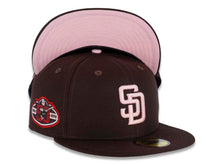 Load image into Gallery viewer, San Diego Padres New Era MLB 59FIFTY 5950 Fitted Cap Hat Dark Brown Crown/Visor Pink Logo 50th Anniversary Side Patch Pink UV