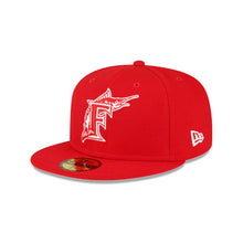 Load image into Gallery viewer, Florida Marlins New Era MLB 59FIFTY 5950 Fitted Cap Hat Red Crown/Visor White Logo 1997 World Series Side Patch Gray UV