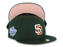 Load image into Gallery viewer, San Diego Padres New Era MLB 59FIFTY 5950 Fitted Cap Hat Dark Green Crown/Visor White/Pink Glow Logo 1998 World Series Side Patch Pink UV