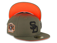 Load image into Gallery viewer, San Diego Padres New Era MLB 59FIFTY 5950 Fitted Cap Hat Olive Crown/Visor Black Logo Stadium Side Patch Neon Orange UV