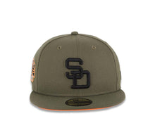 Load image into Gallery viewer, San Diego Padres New Era MLB 59FIFTY 5950 Fitted Cap Hat Olive Crown/Visor Black Logo Stadium Side Patch Neon Orange UV