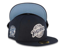 Load image into Gallery viewer, San Diego Padres New Era MLB 59FIFTY 5950 Fitted Cap Hat Navy Blue Crown/Visor Navy Blue/Sky Blue Logo 25th Anniversary Side Patch Sky Blue UV