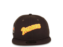 Load image into Gallery viewer, San Diego Padres New Era MLB 59FIFTY 5950 Fitted Cap Hat Dark Brown Crown/Visor Yellow/Orange/White Logo 1989 All-Star Game Side Patch Yellow UV