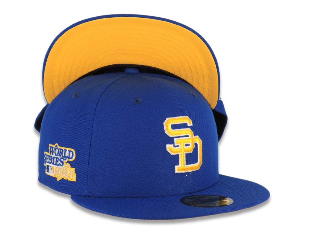 San Diego Padres New Era MLB 59FIFTY 5950 Fitted Cap Hat Royal Blue Crown/Visor Yellow/White Cooperstown Logo 1984 World Series Side Patch 7 1/8
