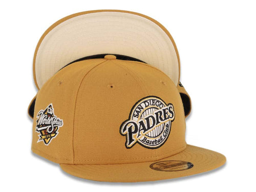 San Diego Padres New Era MLB 9FIFTY 950 Snapback Cap Hat Tan Crown/Visor Black/Metallic Gold Baseball Club Logo 1998 World Series Side Patch Cream UV
