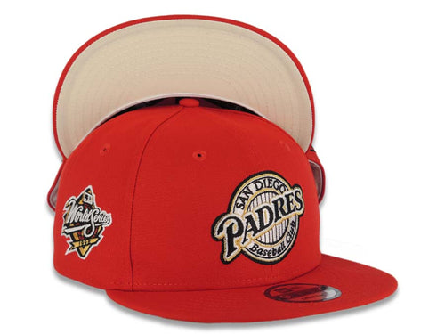 San Diego Padres New Era MLB 9FIFTY 950 Snapback Cap Hat Red Crown/Visor Black/Metallic Red Baseball Club Logo 1998 World Series Side Patch Cream UV