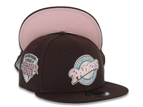 San Diego Padres New Era MLB 9FIFTY 950 Snapback Cap Hat Dark Brown Crown/Visor Pink/Teal/White Baseball Club Logo 1992 All-Star Game Side Patch