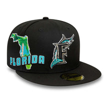 Load image into Gallery viewer, Florida Marlins New Era MLB 59FIFTY 5950 Fitted Cap Hat Black Crown/Visor Team Color Logo Gray UV (State View)